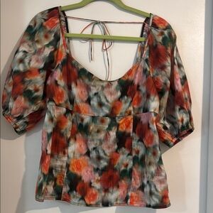 J. Crew Red and Orange Puff Sleeve Tie Front Top